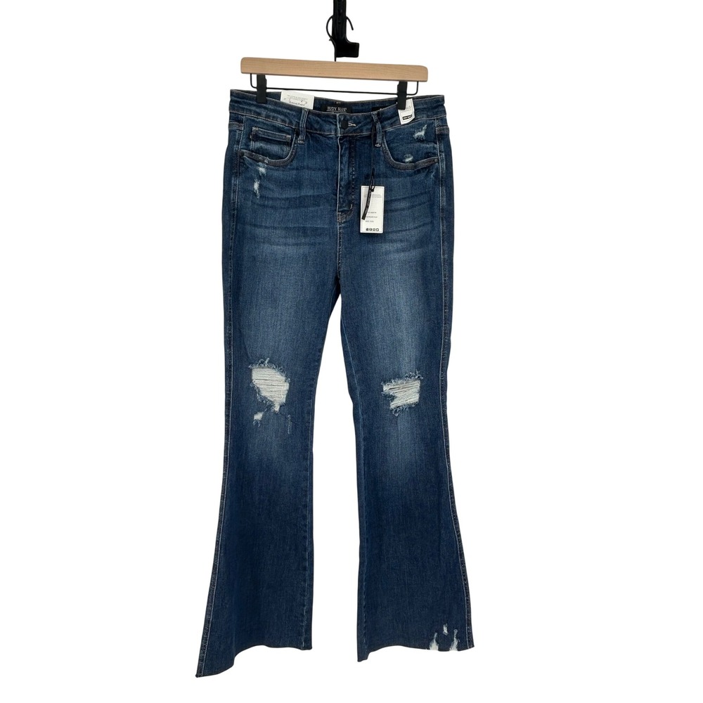 Judy Blue High Waist Tummy Control Flare Jeans Dark Distressed Raw Hem 15/32